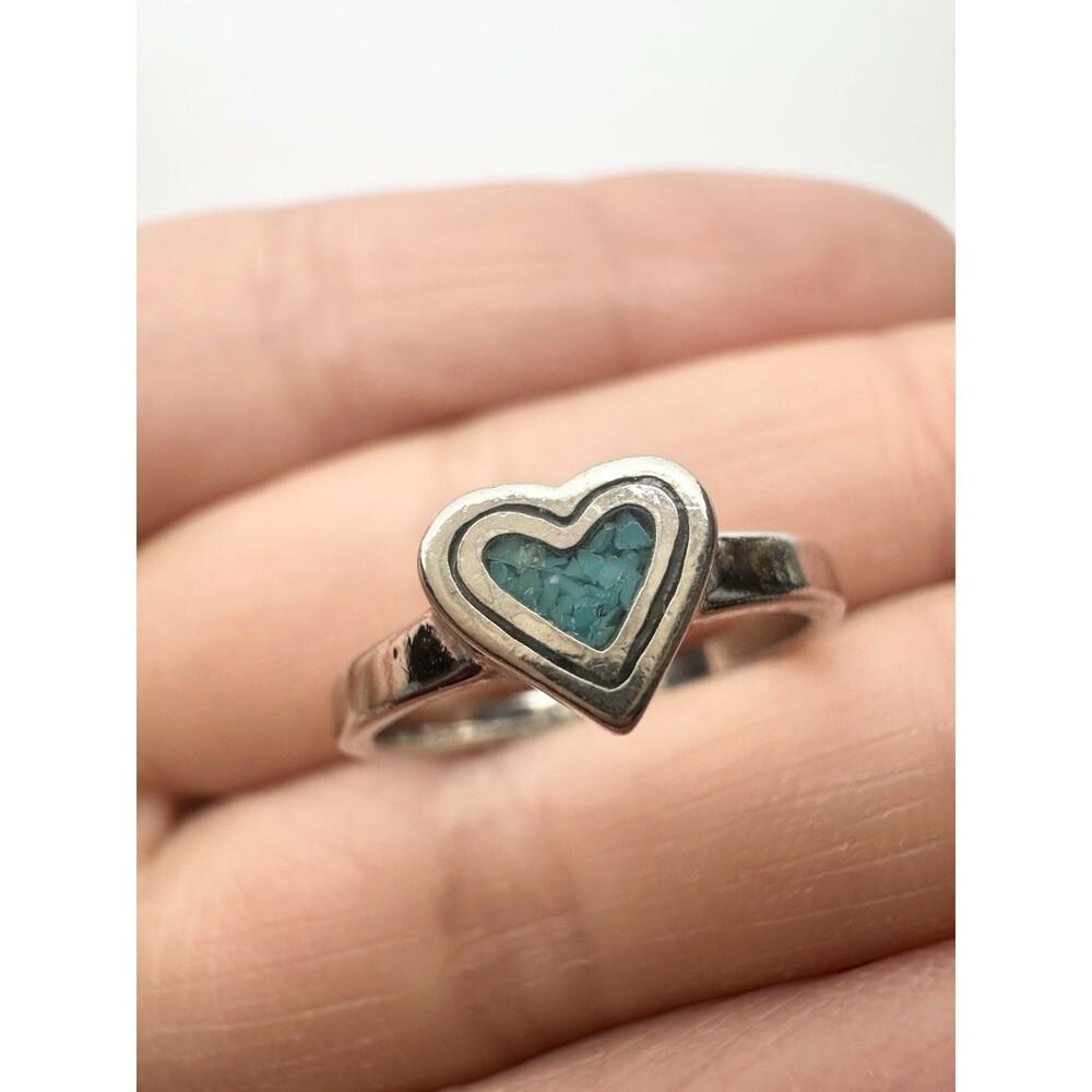 Silver Tone Crushed Turquoise Heart Ring Size 5